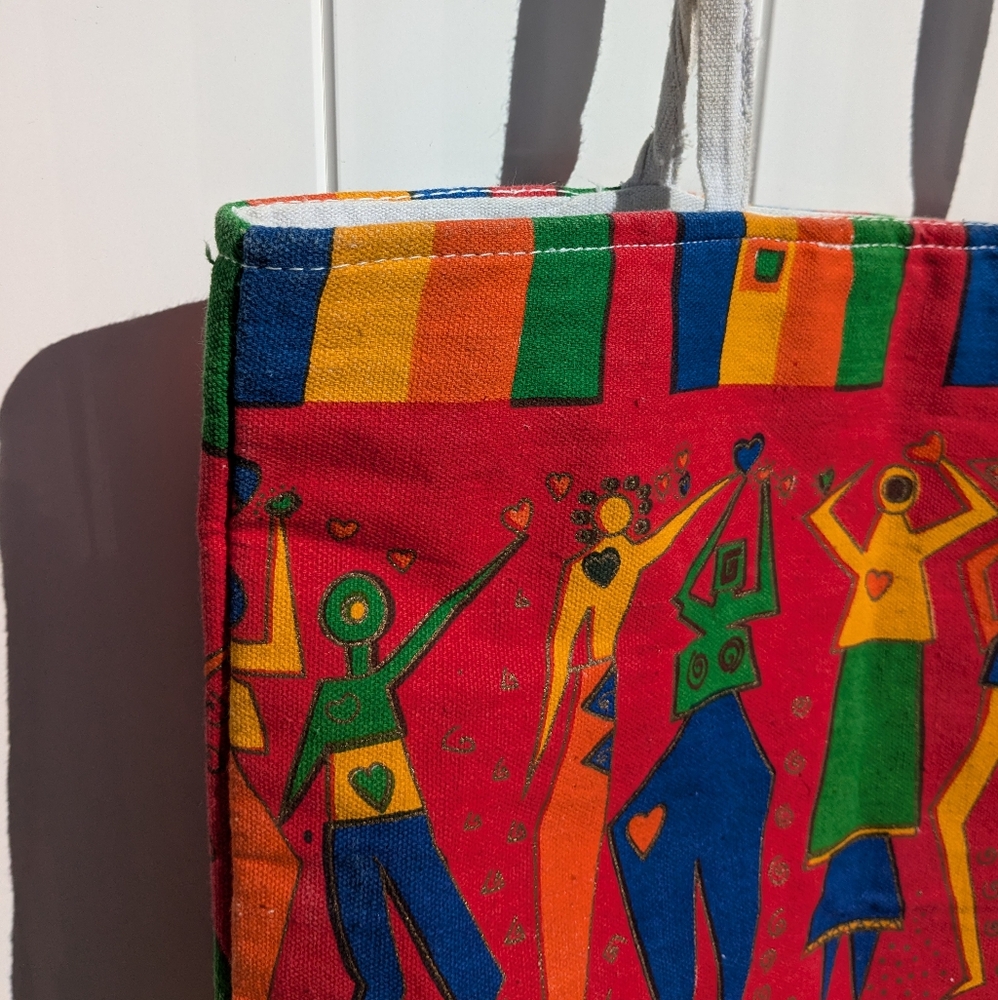Large Beach Tote Canvas Laurel Burch Style Island Colorful Beads Resortwear EUC